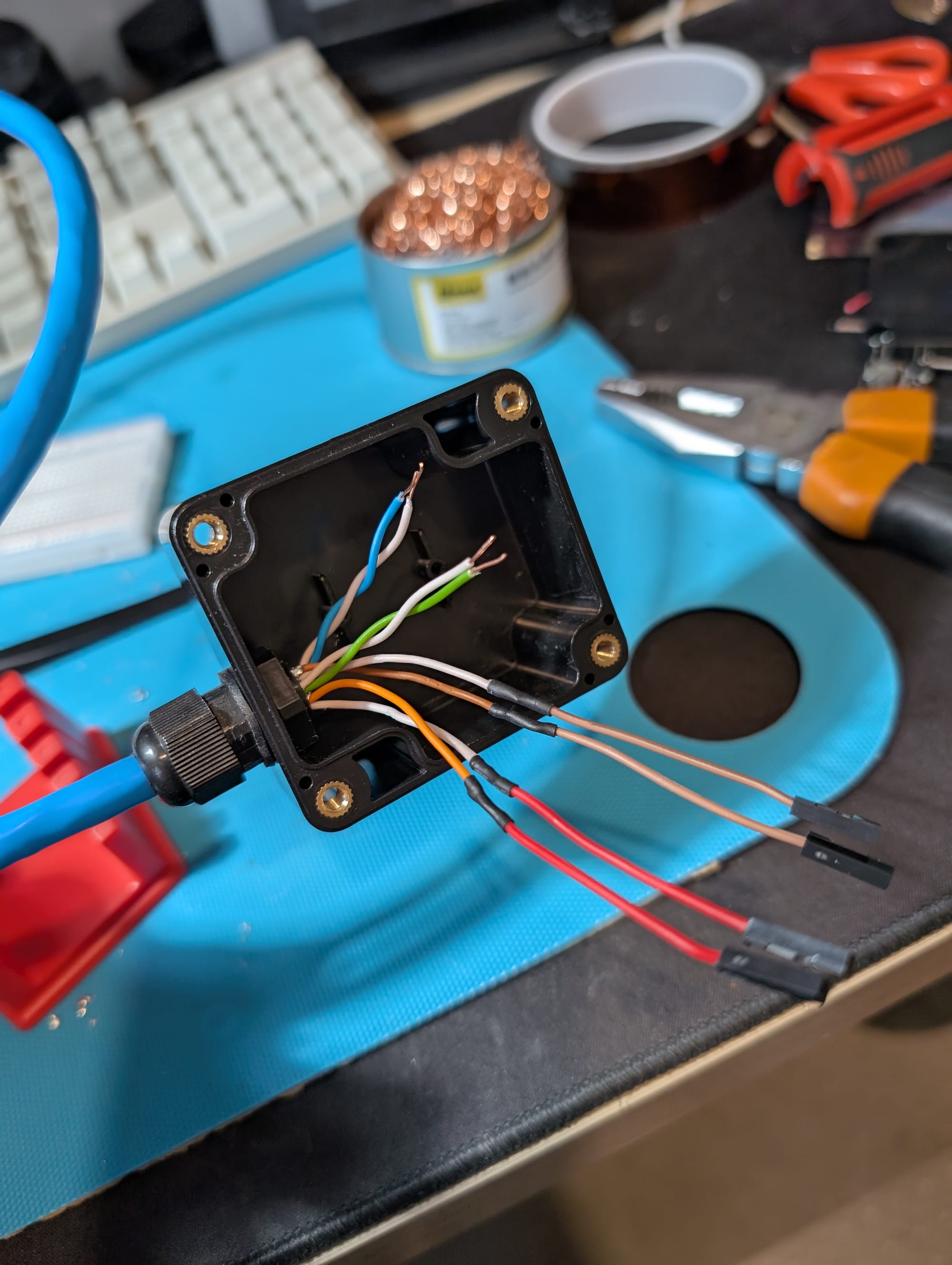 A black project box with 4 pairs of wires routed through its wall with a cable gland. In the background is a blurry mess of tools on my desk.